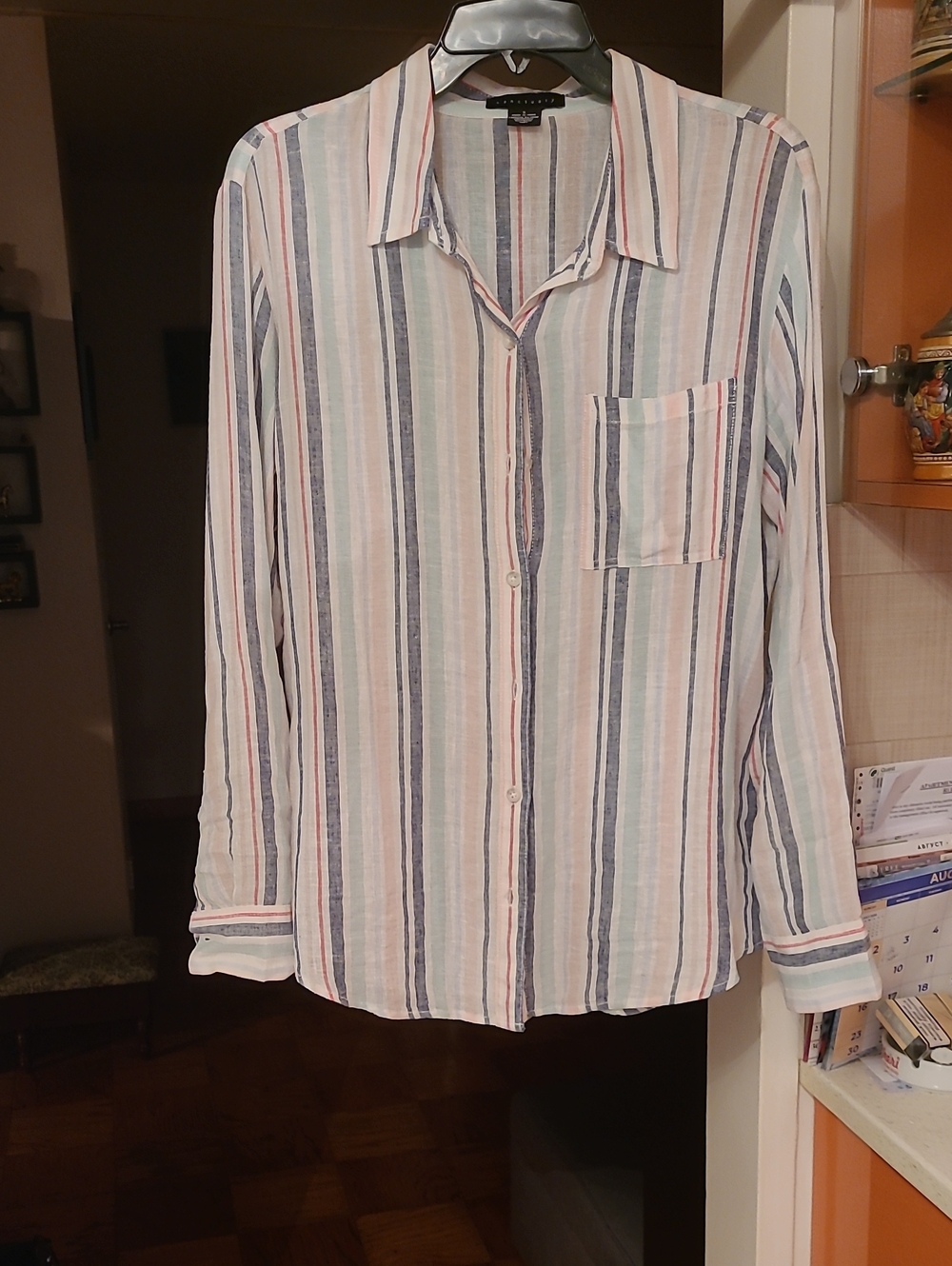 Sanctuary Striped Button-Down Shirt - White, Blue, Pink.Linen And Rayon
